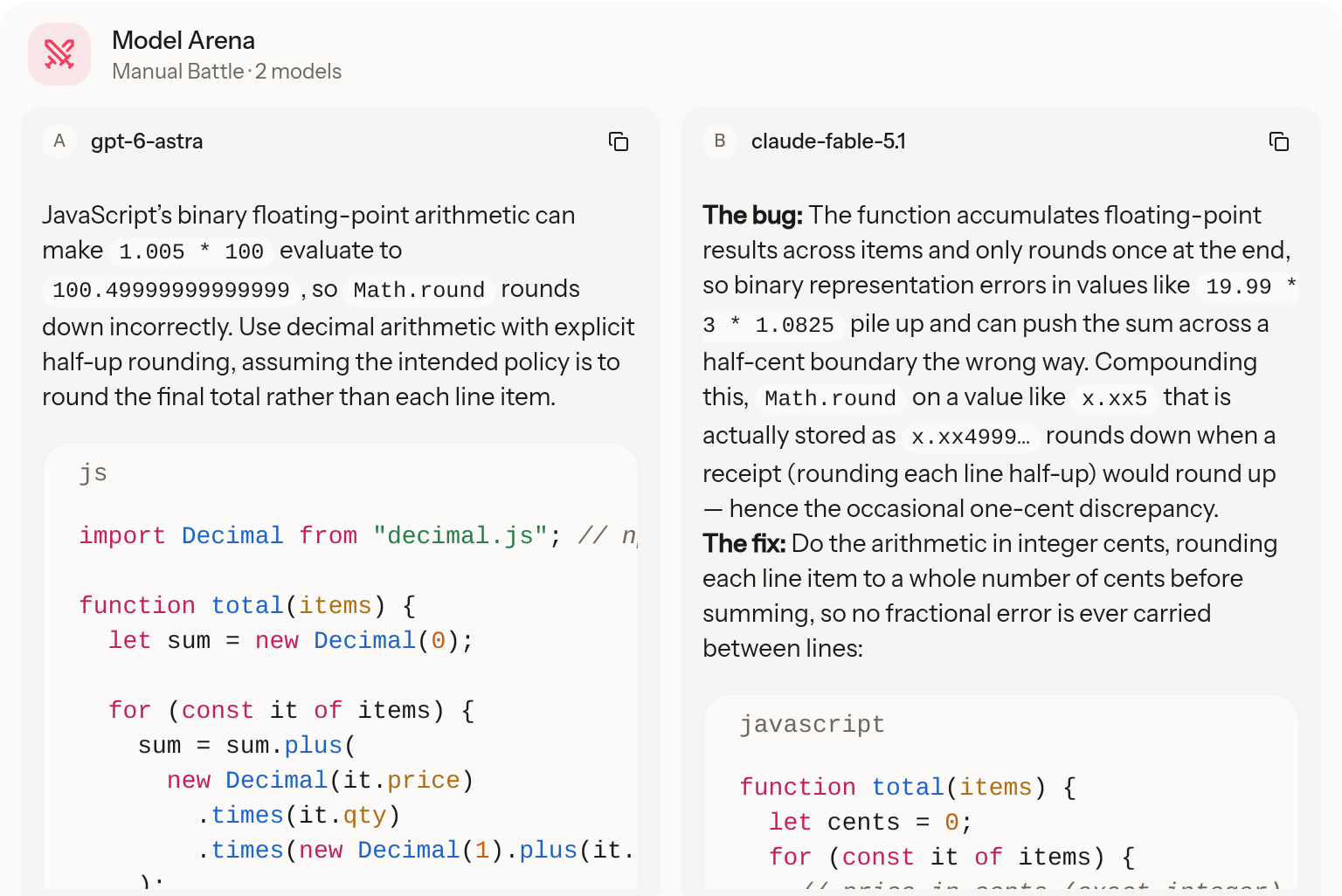 coding prompt in the Krater Model Arena