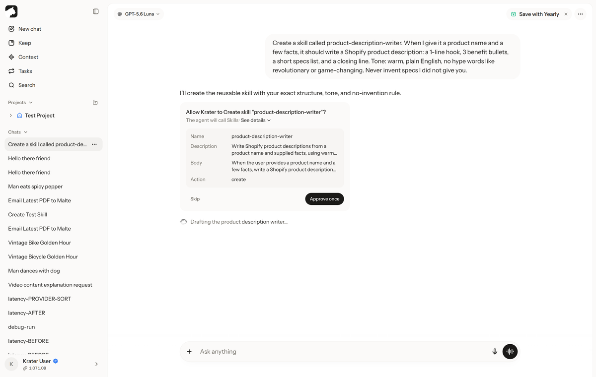 Krater approval card asking to allow creating the product-description-writer skill, showing the generated name, description and body