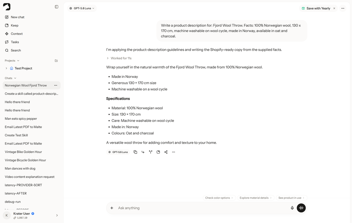 Krater chat using the product-description-writer skill on a Fjord Wool Throw, producing a hook, benefit bullets and a specs list