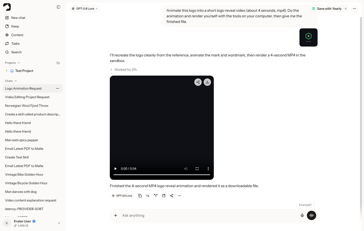 Krater chat showing the finished 4 second logo reveal video delivered inline as a playable MP4
