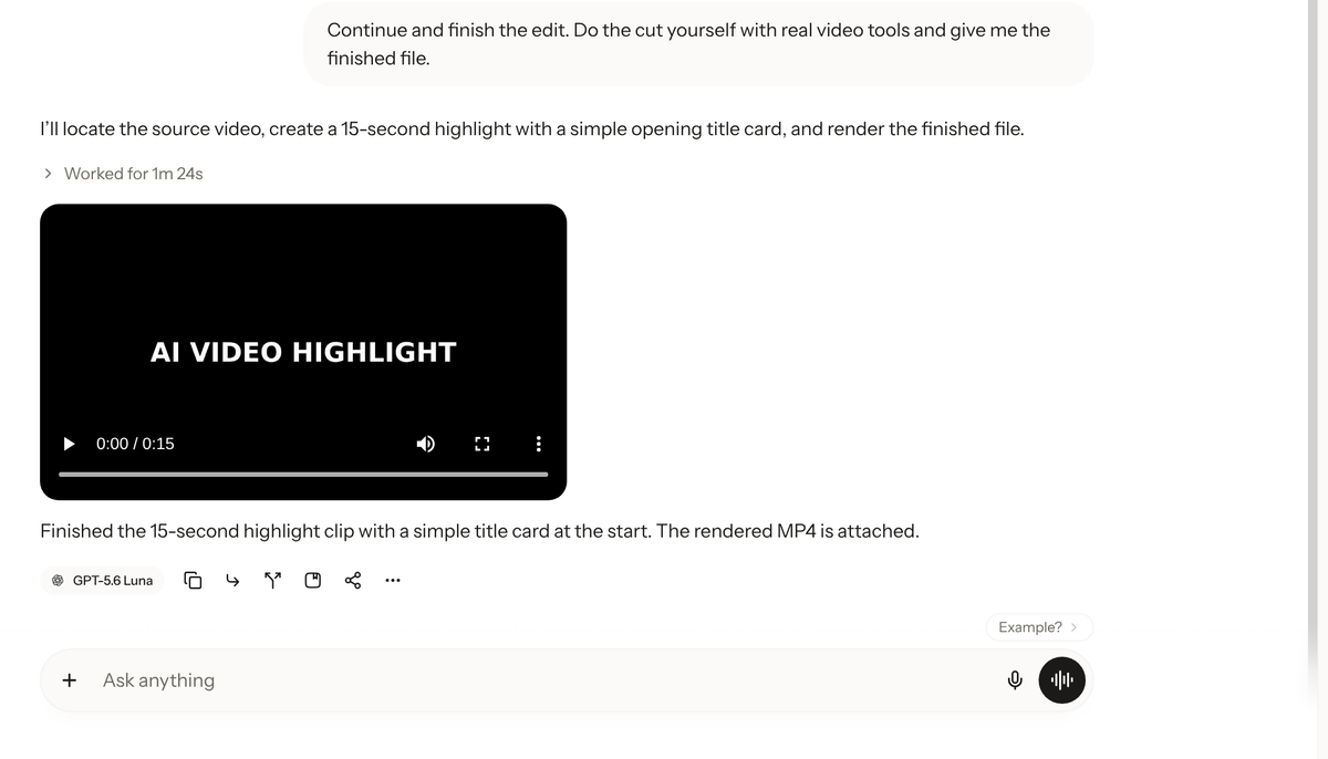 Krater chat showing the finished 15 second edited video with an AI VIDEO HIGHLIGHT title card, playable inline