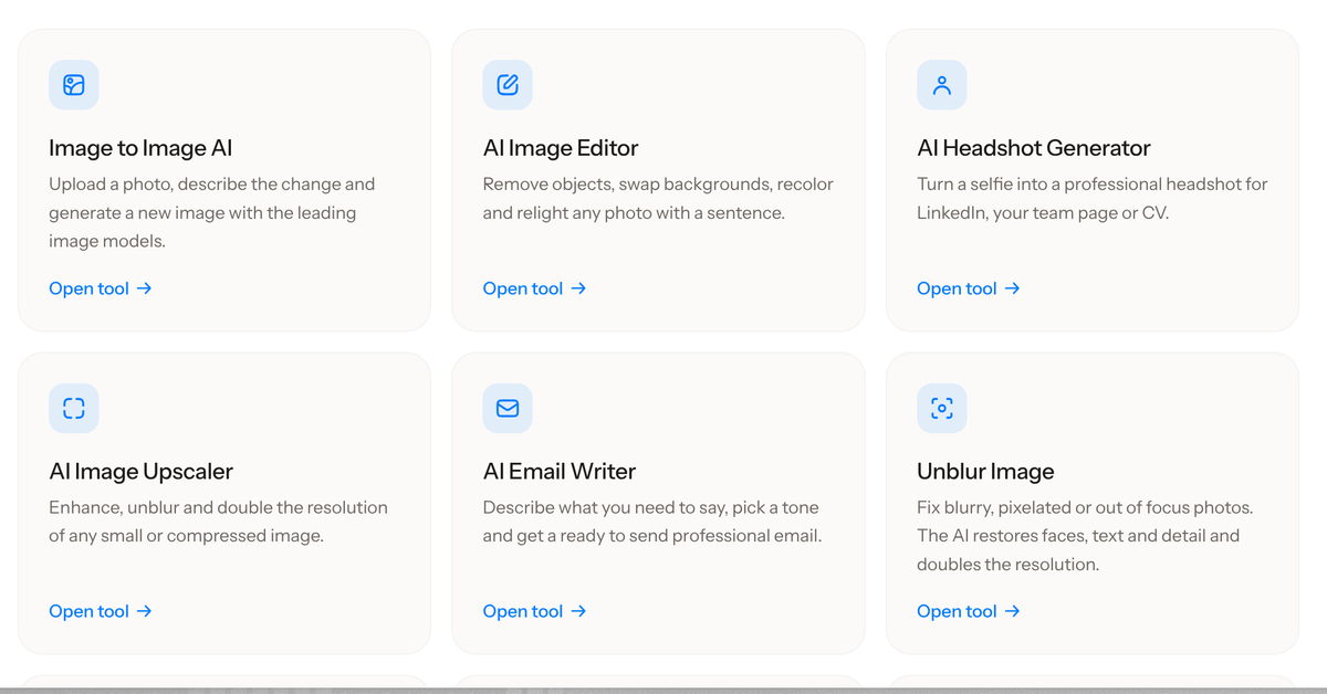Krater's free AI tools: image editor, headshot generator, upscaler, email writer and more