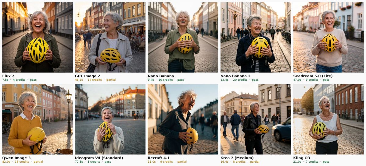 Ten AI generated candid portraits of a laughing woman in her sixties holding a yellow bicycle helmet on a Copenhagen street at golden hour