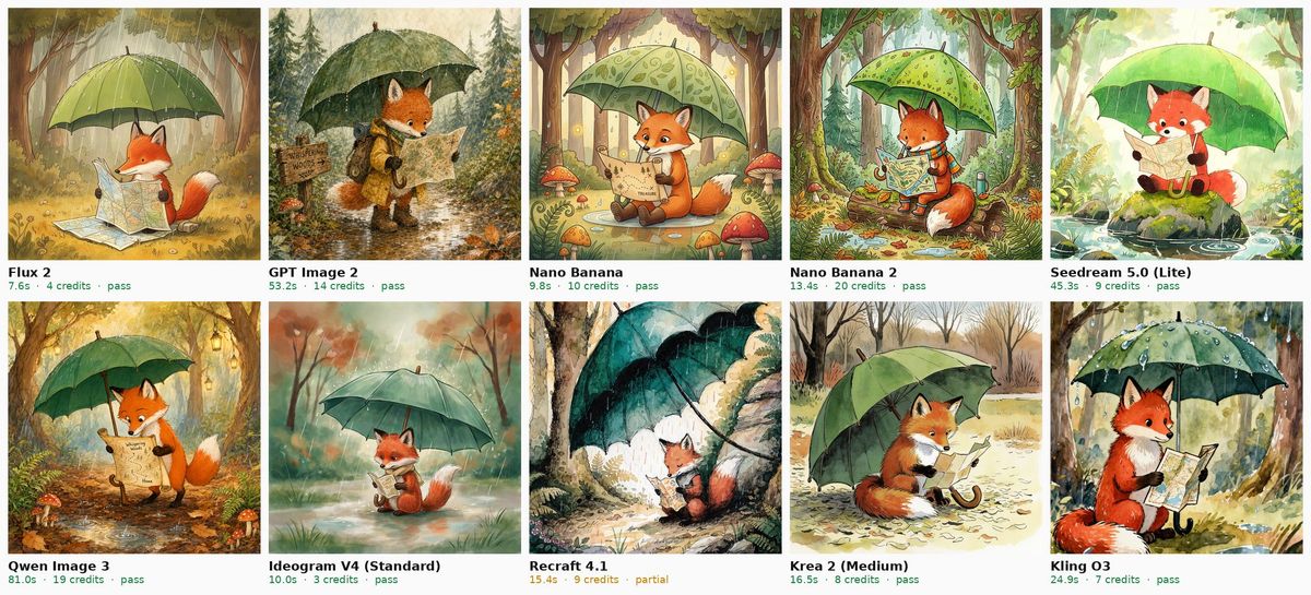 Ten AI generated children's book illustrations of a red fox reading a map under a large green umbrella in the rain