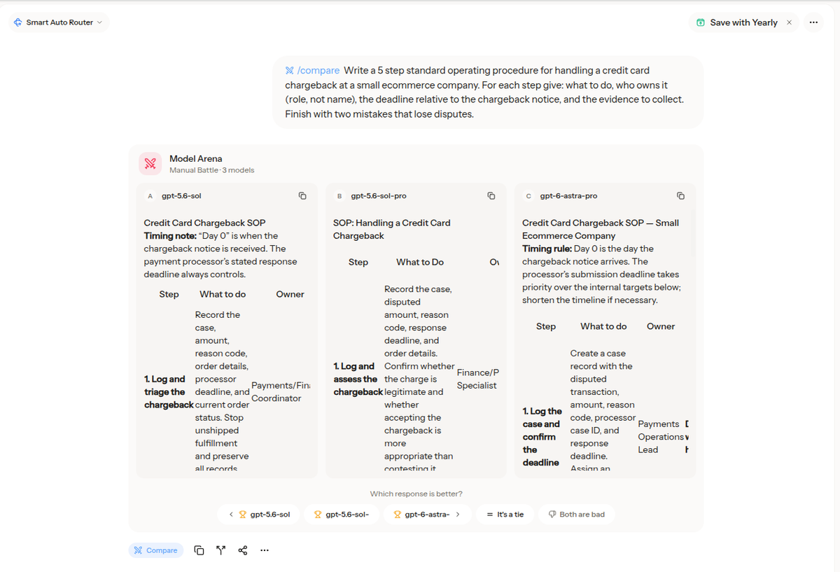Three chargeback SOP outputs side by side in Krater Model Arena