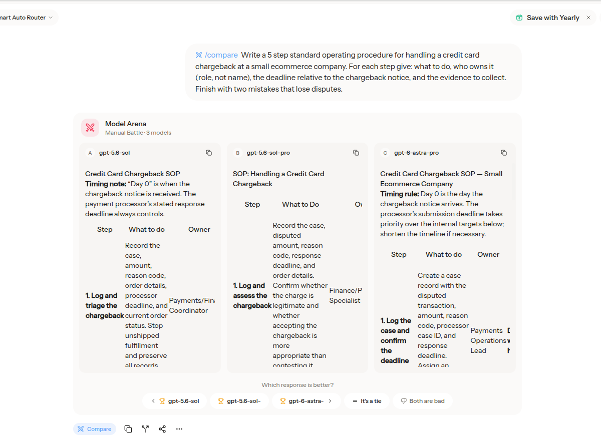 Three chargeback SOP outputs side by side in Krater Model Arena
