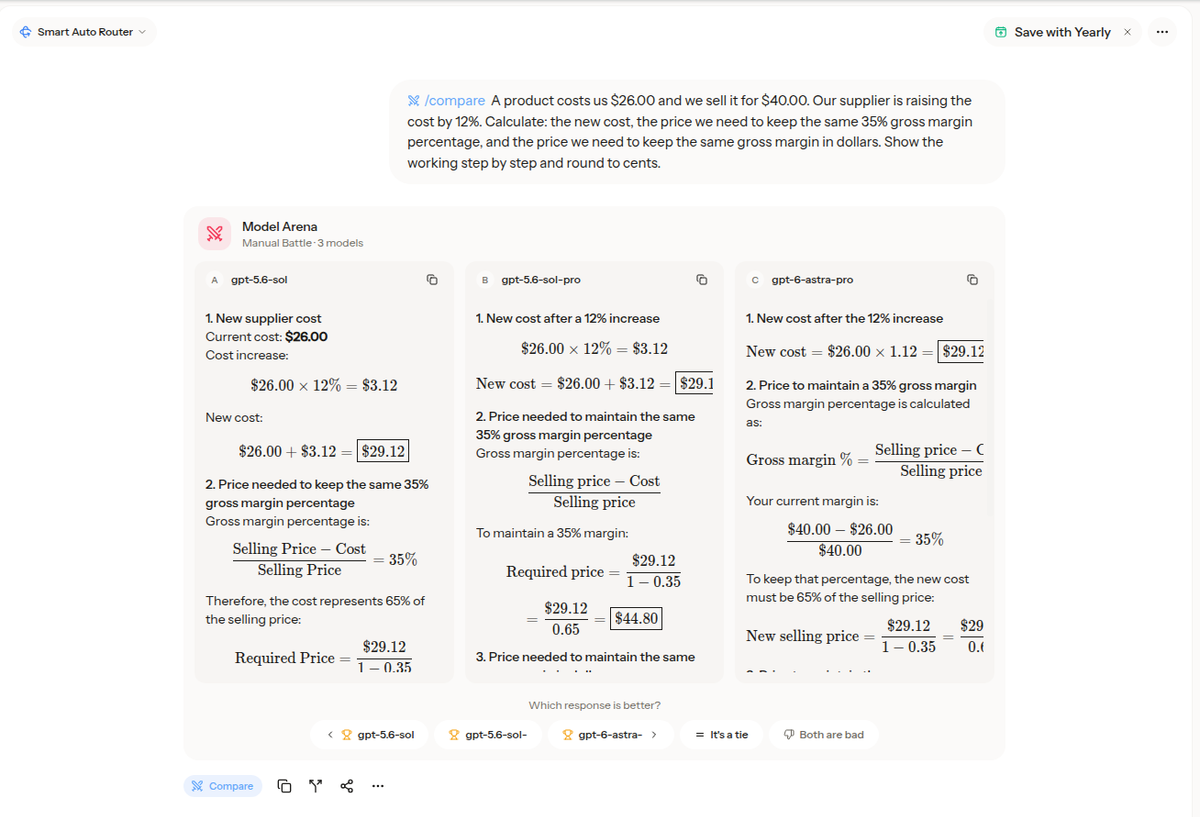 Three model outputs side by side in Krater Model Arena, each calculating $29.12 new cost, $44.80 and $43.12 prices