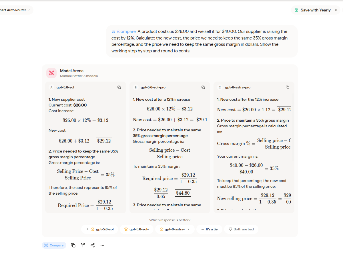 Three model outputs side by side in Krater Model Arena, each calculating $29.12 new cost, $44.80 and $43.12 prices