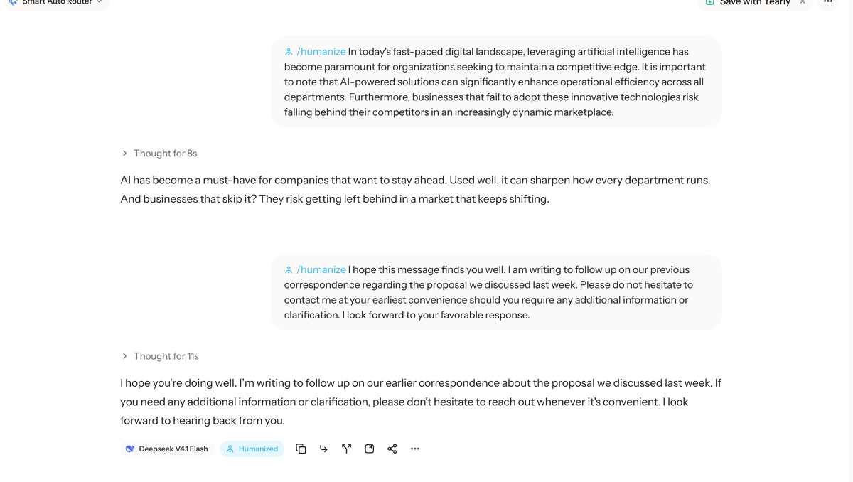 Krater's /humanize command turning robotic AI text into natural writing, real before and after
