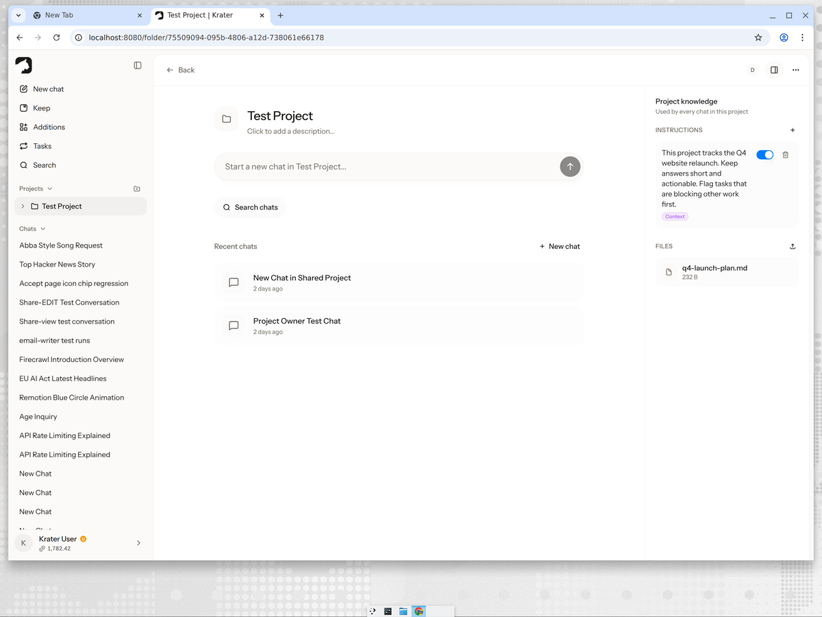 A Krater project page showing project instructions, an uploaded plan file and the project chats