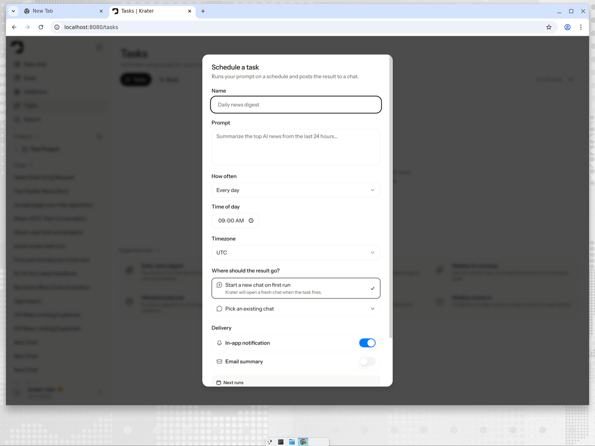 The Krater schedule-a-task dialog with prompt, cadence, timezone and delivery options