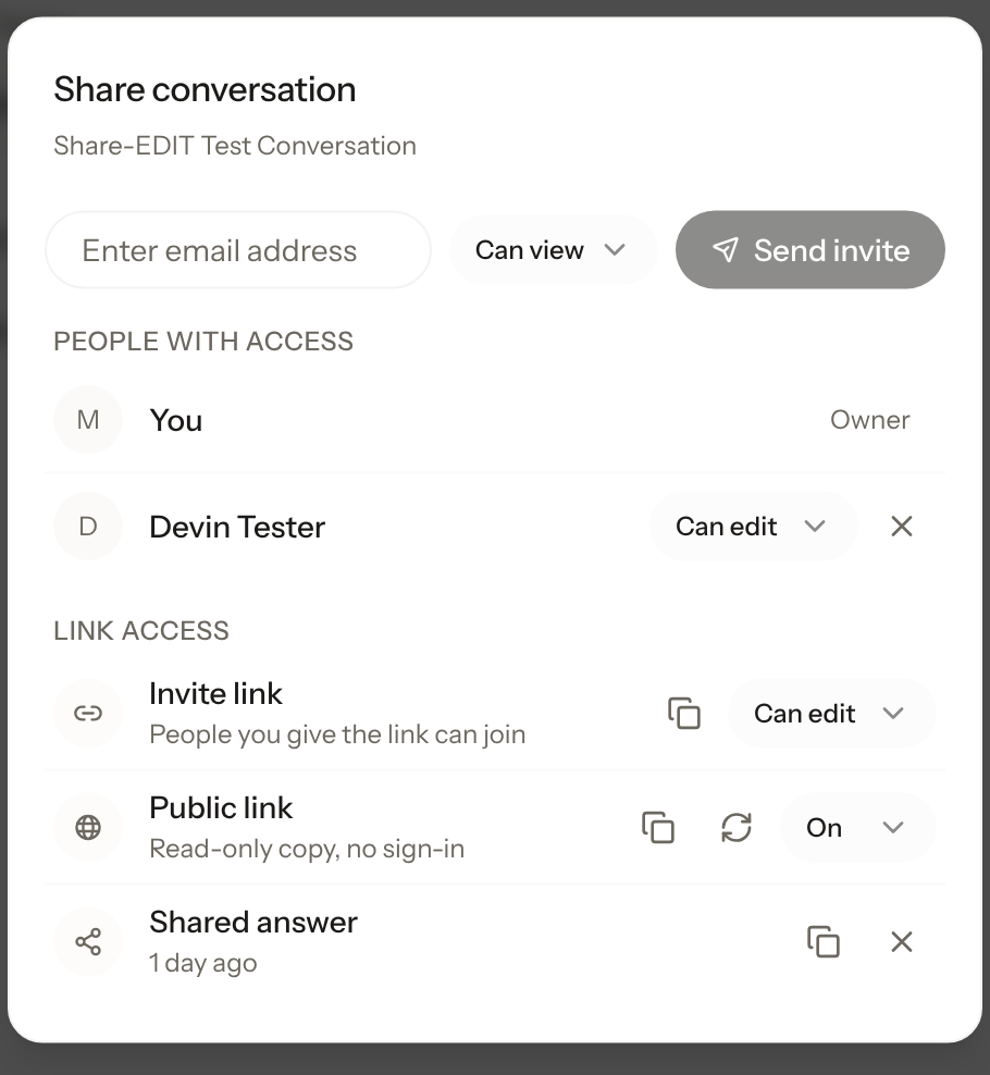 The Share dialog in a Krater chat with an edit invite link and a public snapshot link enabled