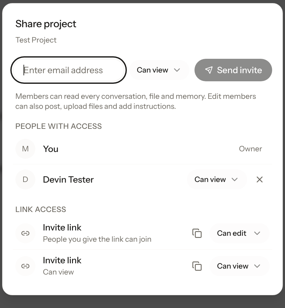 The Share project dialog in Krater: invite members by email, and separate invite links for view and edit access