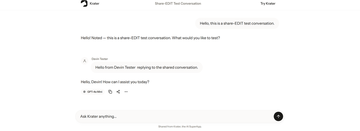A public Krater snapshot page showing a shared chat opened read-only with no sign-in