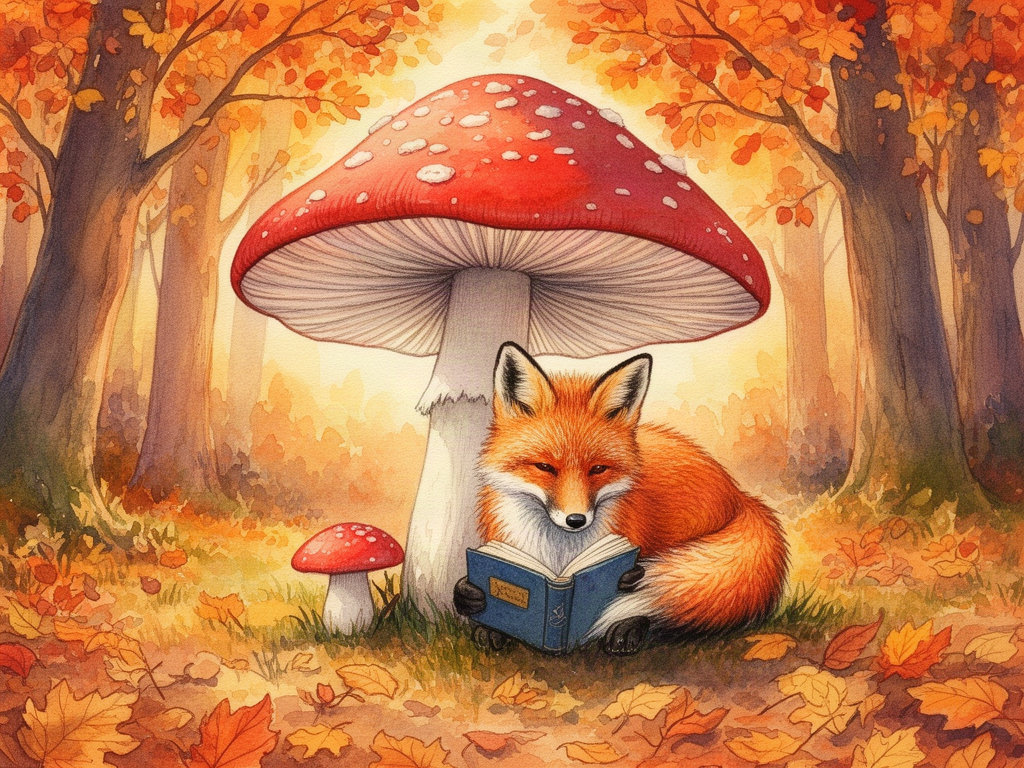 GPT Image 2 output: a detailed watercolor illustration of a fox reading a book under a giant mushroom in an autumn forest, warm colors