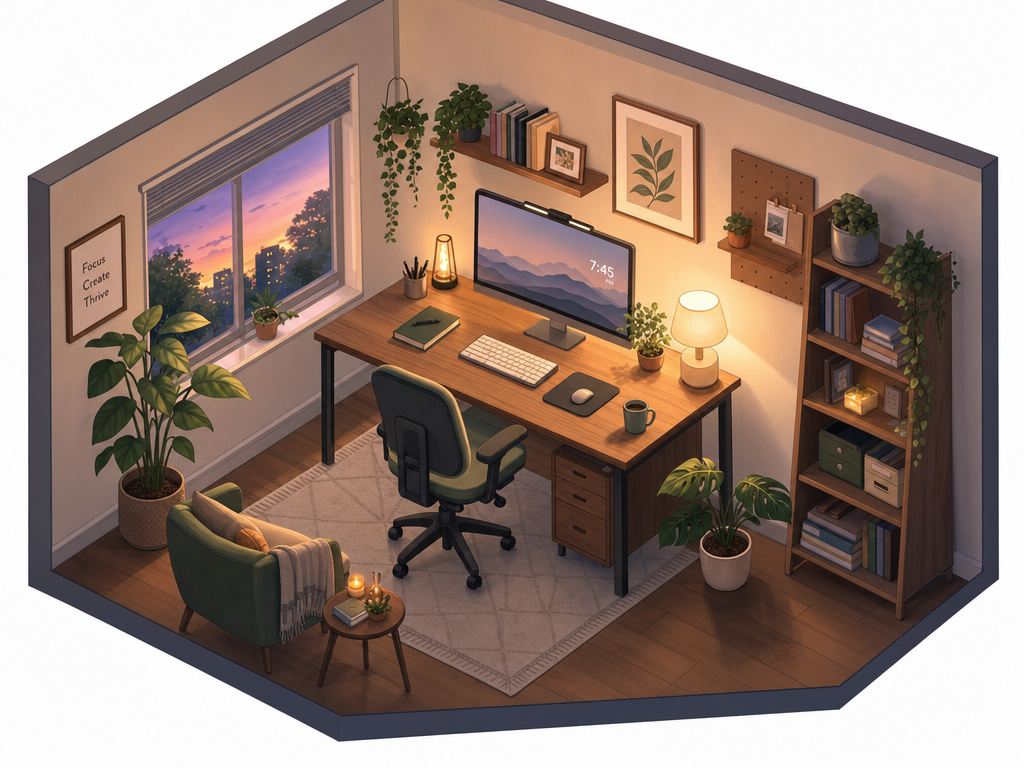 GPT Image 2 output: an isometric illustration of a cozy home office with a wooden desk, monitor, plants and warm evening lighting, soft pastel palette