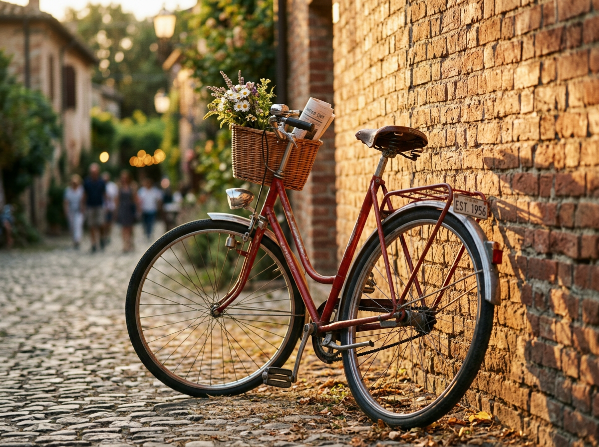 Nano Banana 2 output: a cinematic photo of a red vintage bicycle leaning against a sunlit brick wall, shallow depth of field, golden hour light