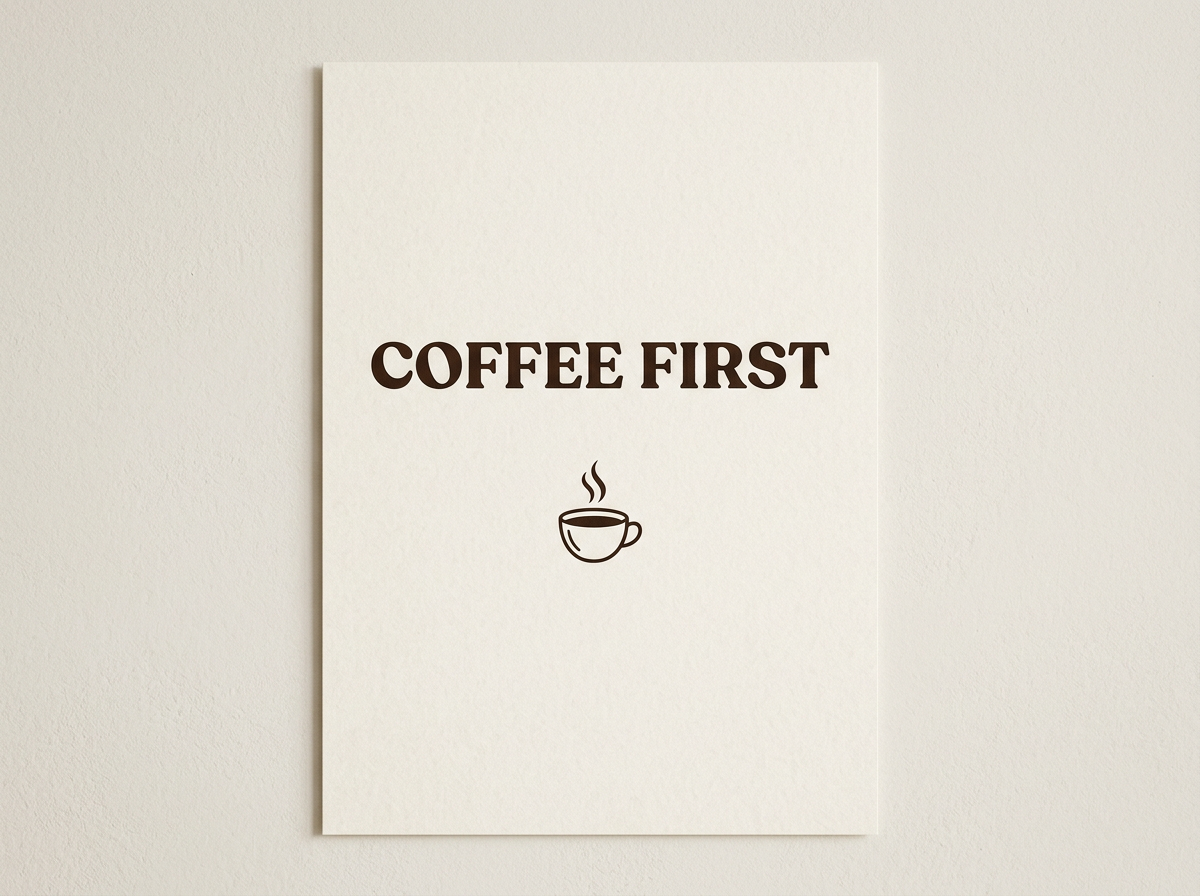 Nano Banana 2 output: a minimalist poster that says COFFEE FIRST in bold serif type, cream background, small steaming cup icon below the text