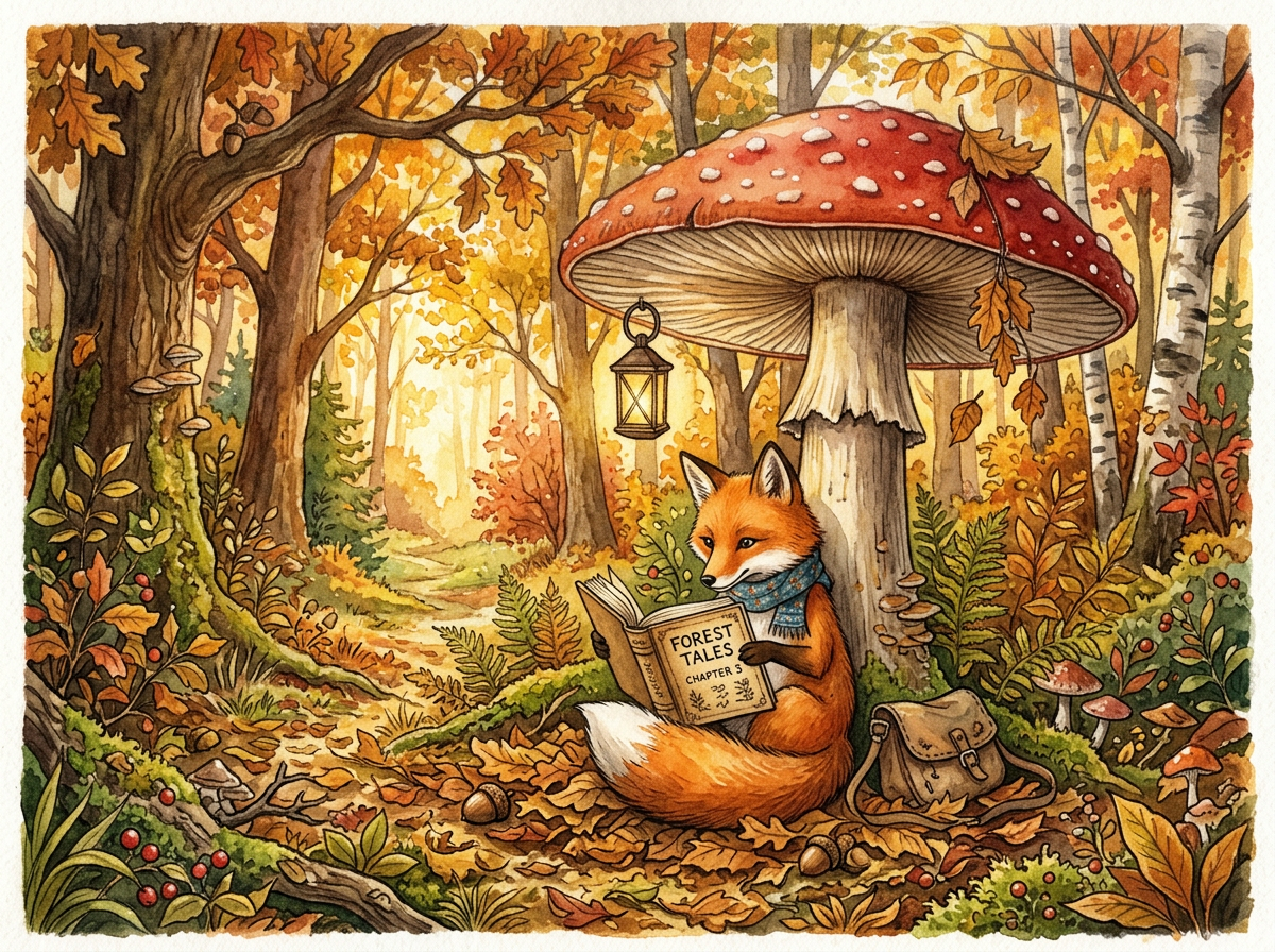 Nano Banana 2 output: a detailed watercolor illustration of a fox reading a book under a giant mushroom in an autumn forest, warm colors