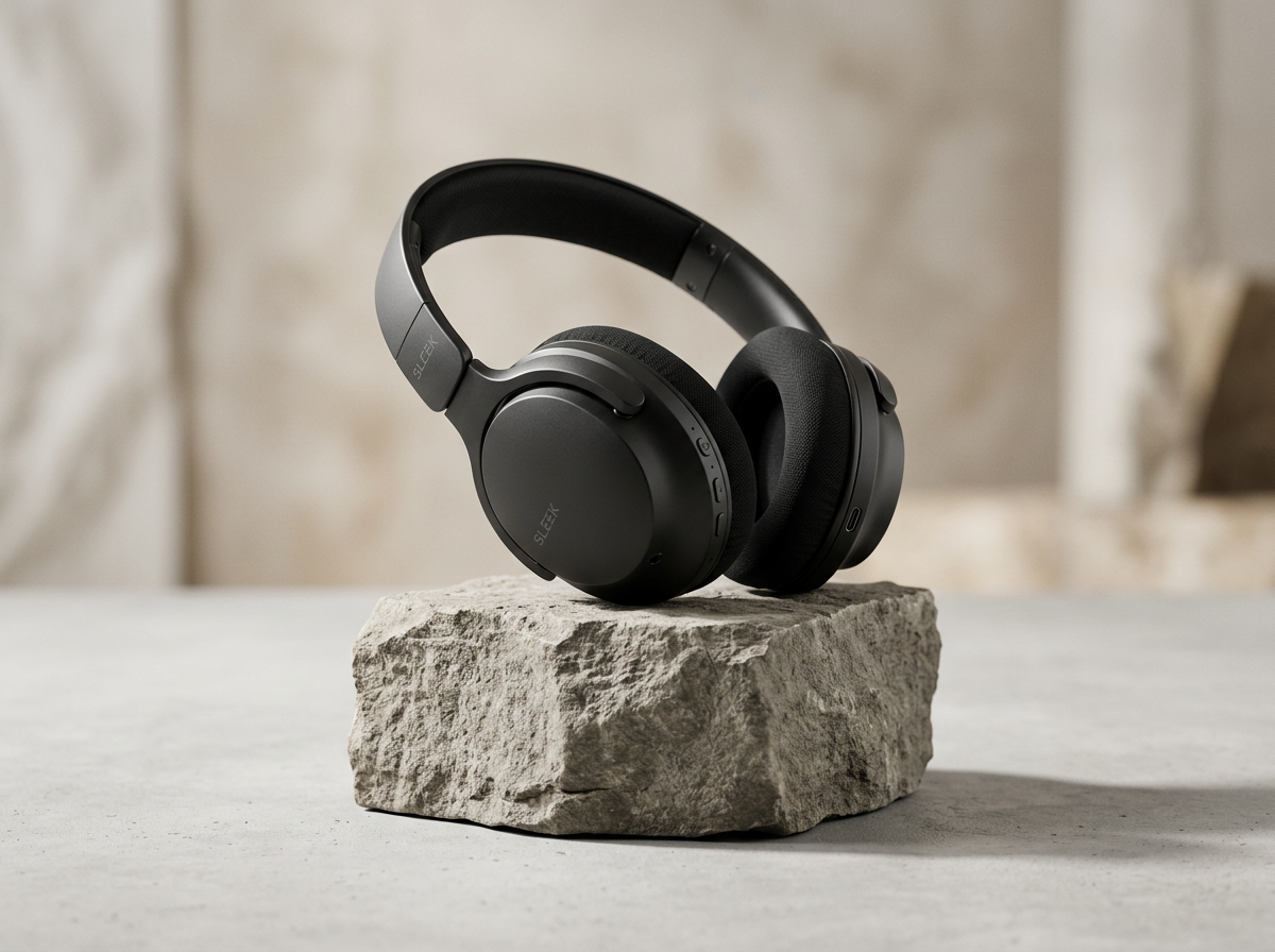 Nano Banana 2 output: a product photo of matte black wireless headphones on a stone pedestal, soft studio lighting, gentle shadow, premium ecommerce style