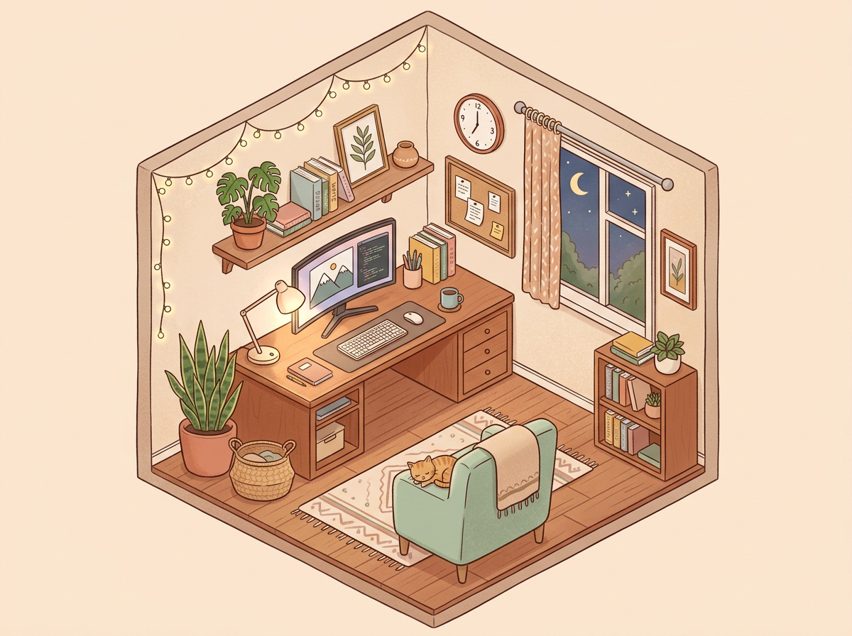 Nano Banana 2 output: an isometric illustration of a cozy home office with a wooden desk, monitor, plants and warm evening lighting, soft pastel palette