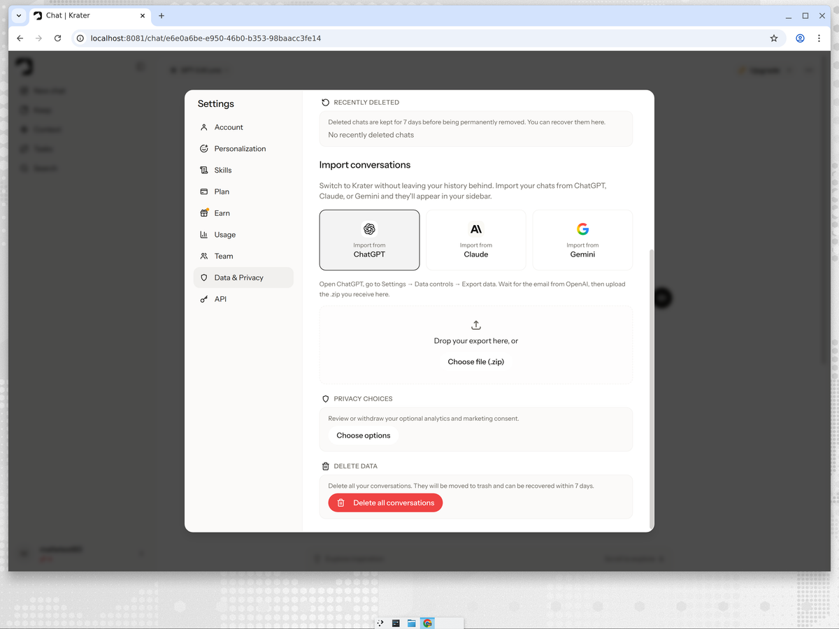 Krater import dropzone showing the ChatGPT export instructions and file picker