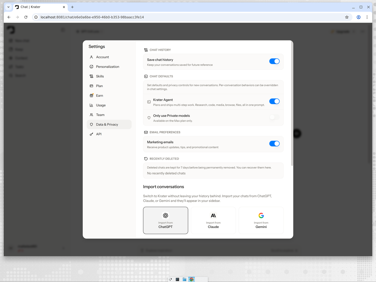 Krater Settings, Data and Privacy tab, Import conversations section with ChatGPT, Claude and Gemini tiles